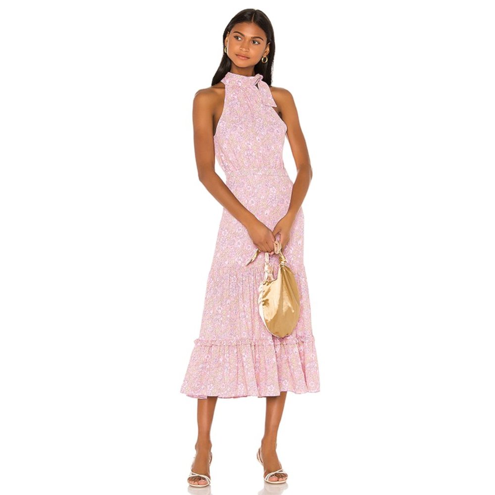 Likely Mona Tie Neck Halter Midi Dress Pink 4
